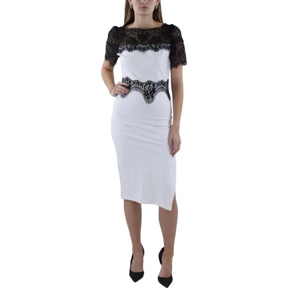 Beulah Dresses & Skirts - Beulah White Midi Dress with Black Lace Overlay Short Sleeve Size Medium